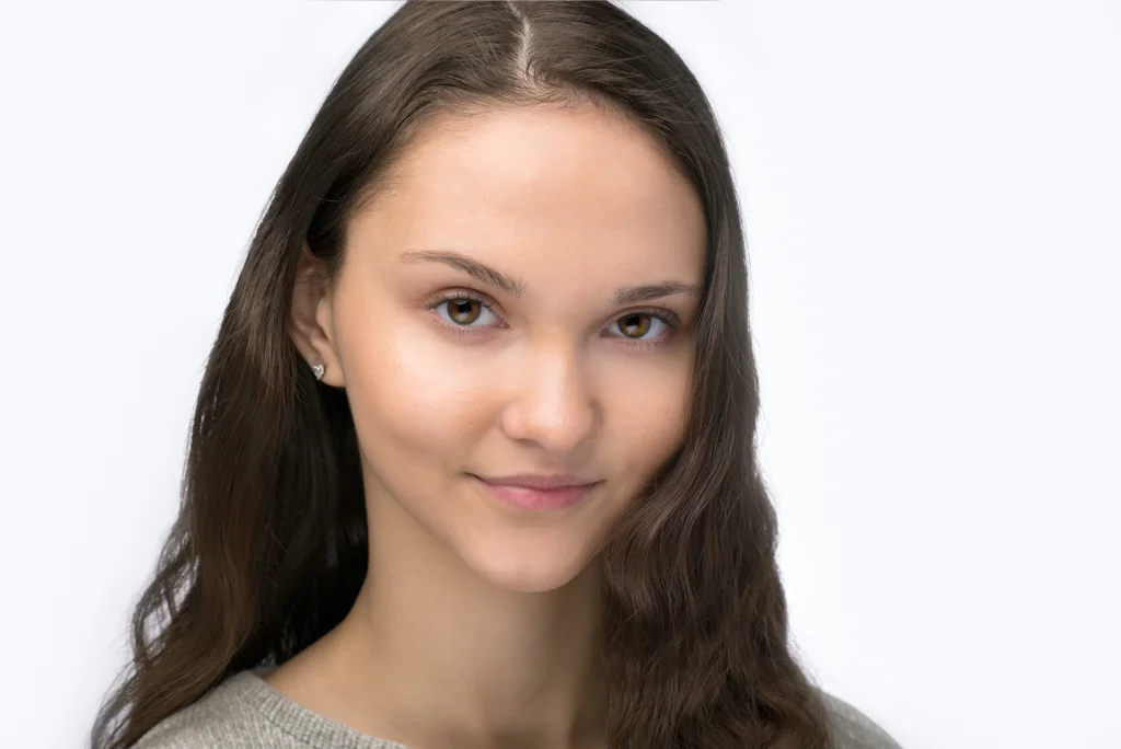 Professional headshot of a woman actress and modelon a white background, photographed at Fotoplicity studio in East Brunswick NJ