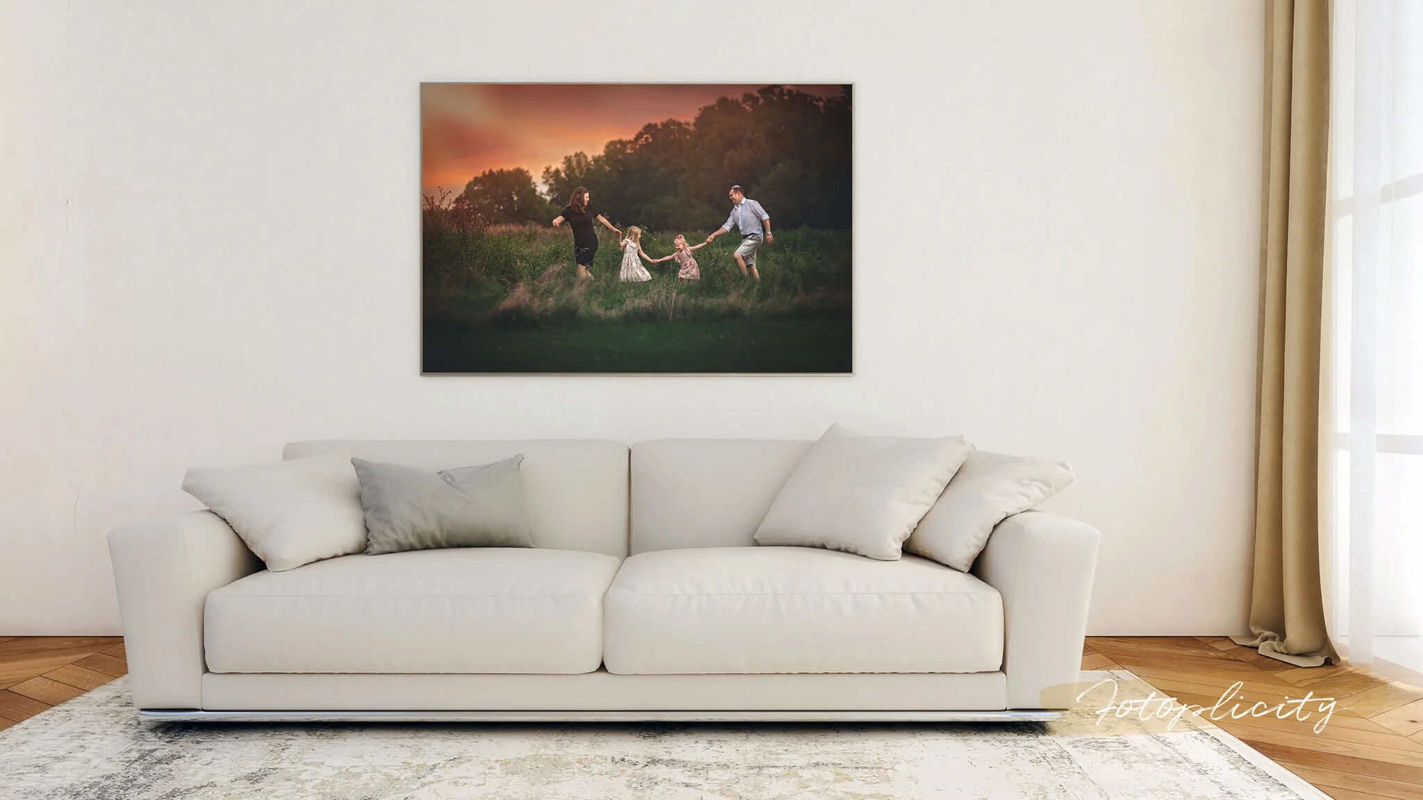 Large family canvas print displayed on a living room wall, Fotoplicity