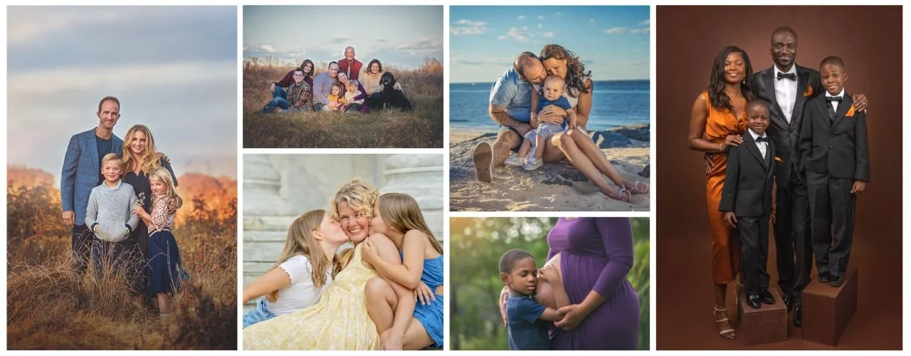 Collage of outdoor family photography sessions in Central New Jersey featuring natural light portraits in parks, fields, and scenic outdoor locations.
