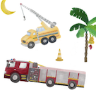 A toy fire truck and a toy tow truck with a small traffic cone, along with two palm trees.