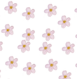 Pattern of pink flowers with yellow centers on a white background.