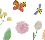 Various flowers, a butterfly, a bee, and a cotton plant.