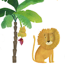 Cartoon illustration of a palm tree with coconuts and a smiling lion sitting next to it.