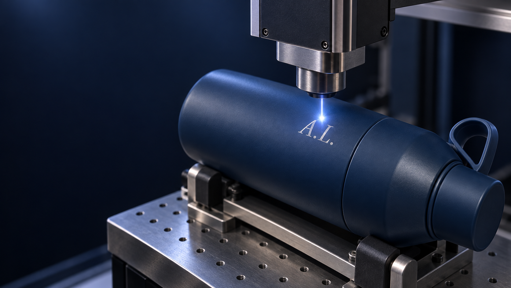 Laser engraving machine personalising a blue water bottle with initials
