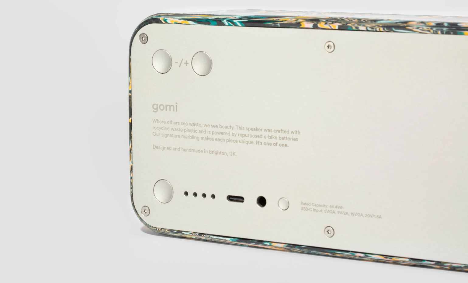 Close-up of a personalised portable speaker with a recycled plastic casing