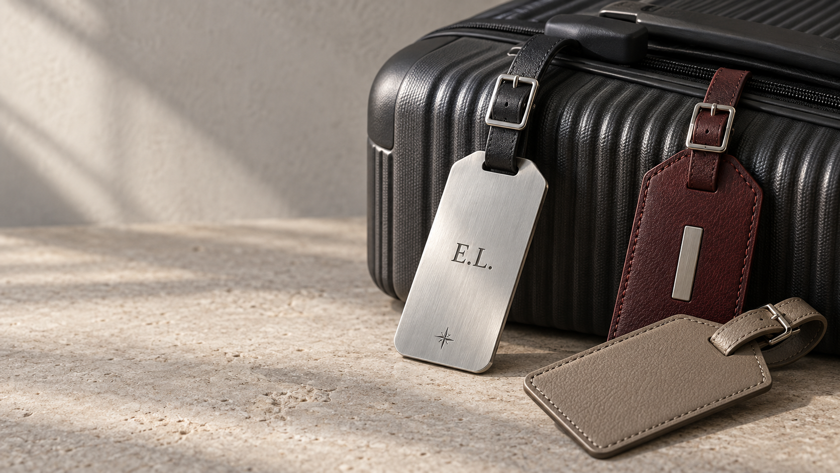 Personalised metal and leather luggage tags displayed on a black suitcase