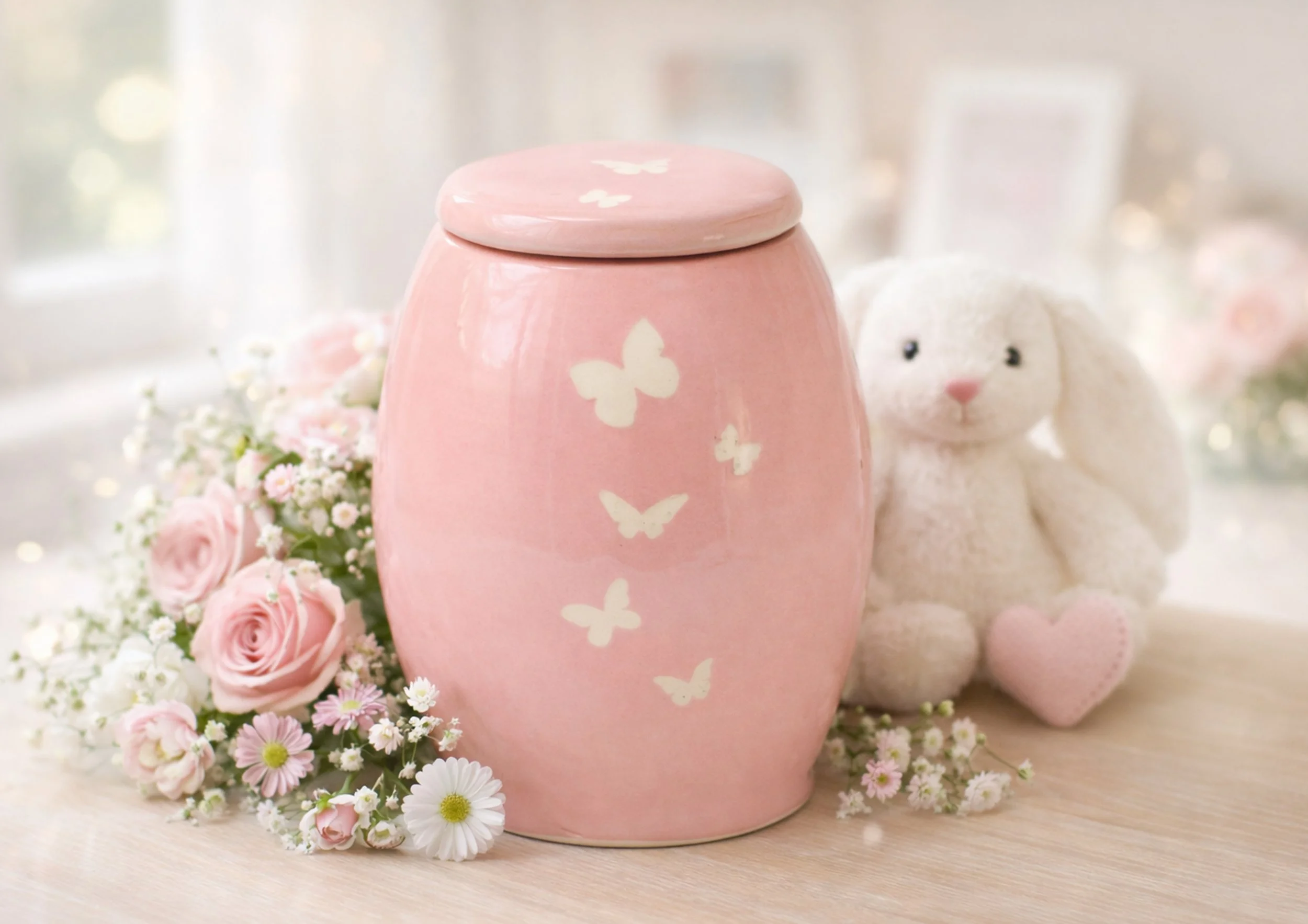 roze kinder urne met stoffen konijntje