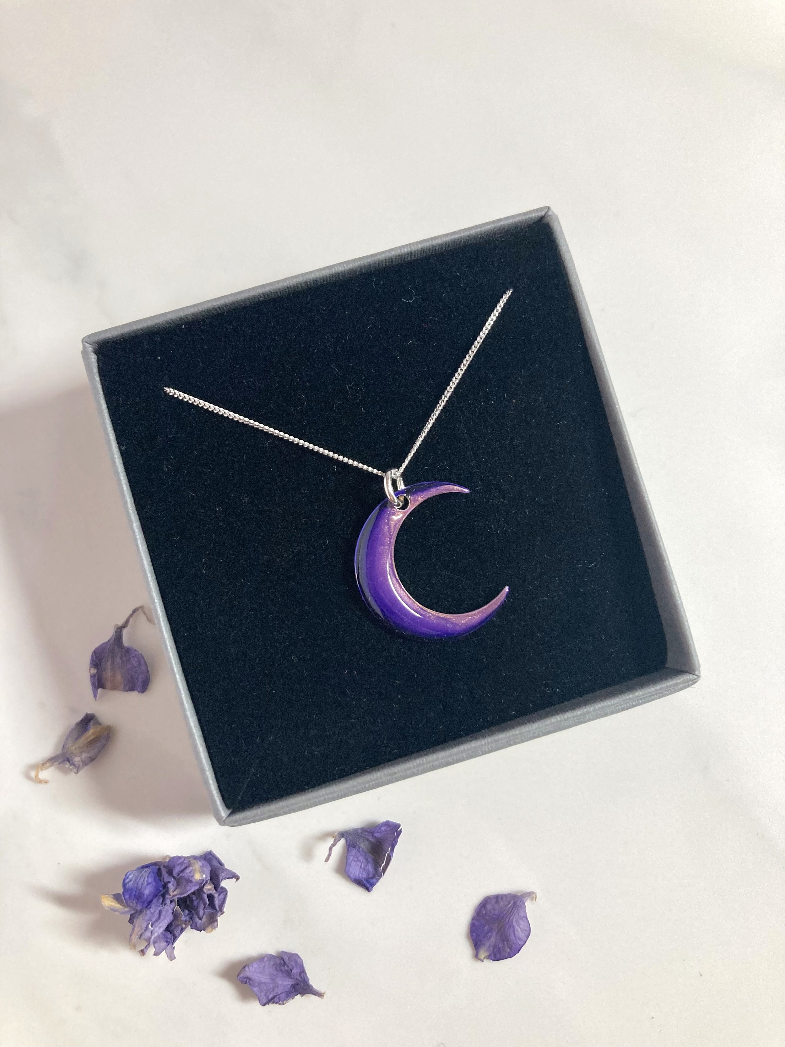 Cresent Moon Necklace-celestial themed-deep purple metallics-hand painted-Sterling Silver-Flow Creativity.jpg