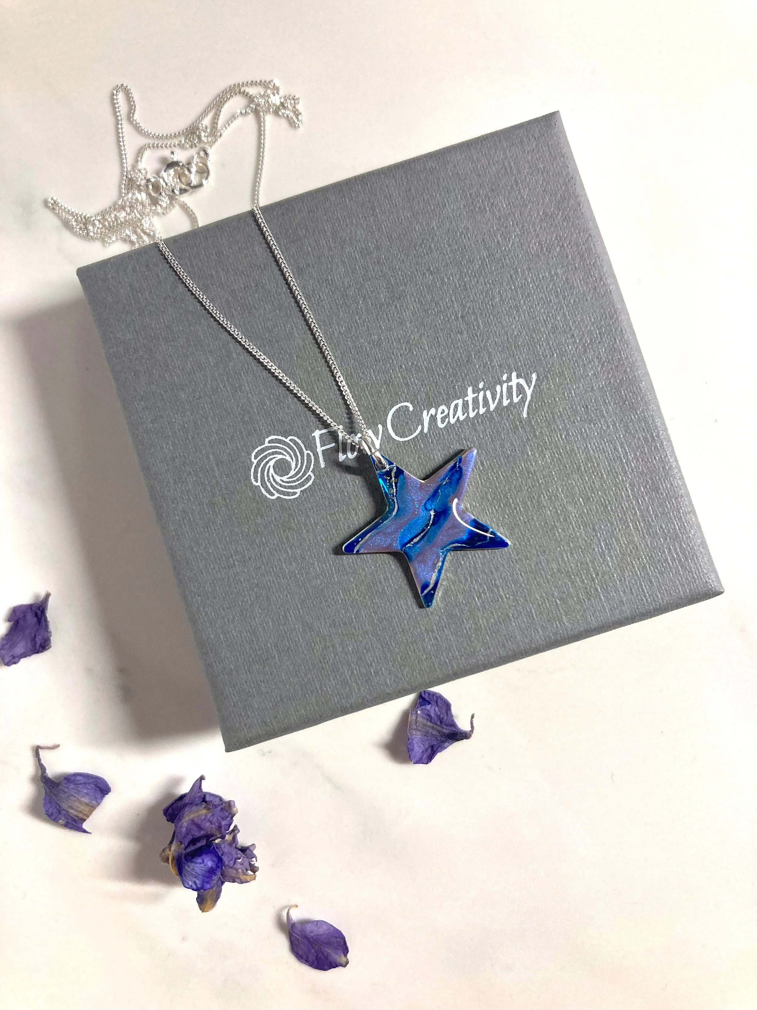 Celestial Necklace-Sterling Silver-Star Pendant-vibrant blue-hand painted-sparkly design-Flow Creativity.jpg