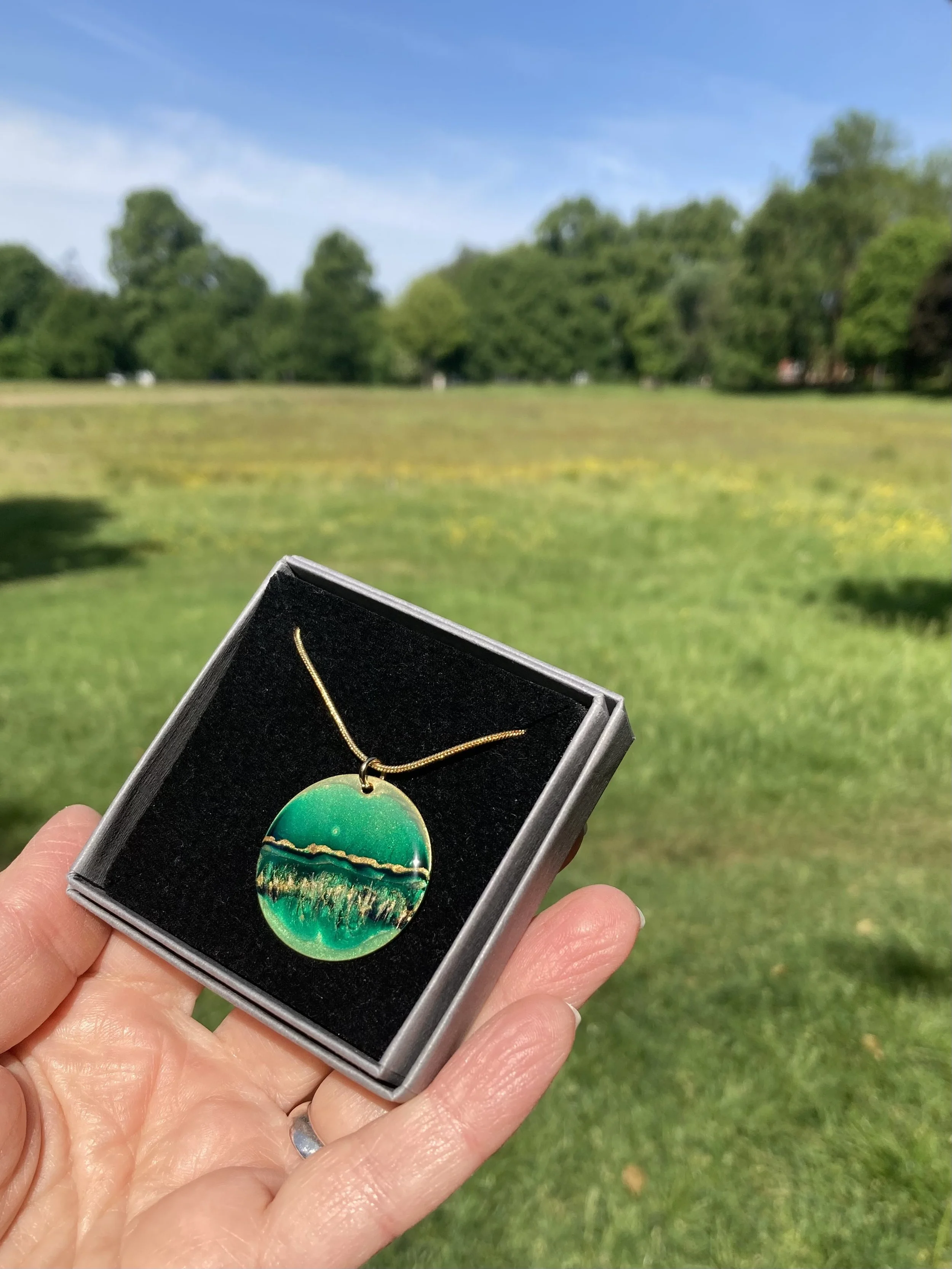 Green and gold hand painted pendant-forest design-Flow Creativity-Scottish Jewellery.jpg