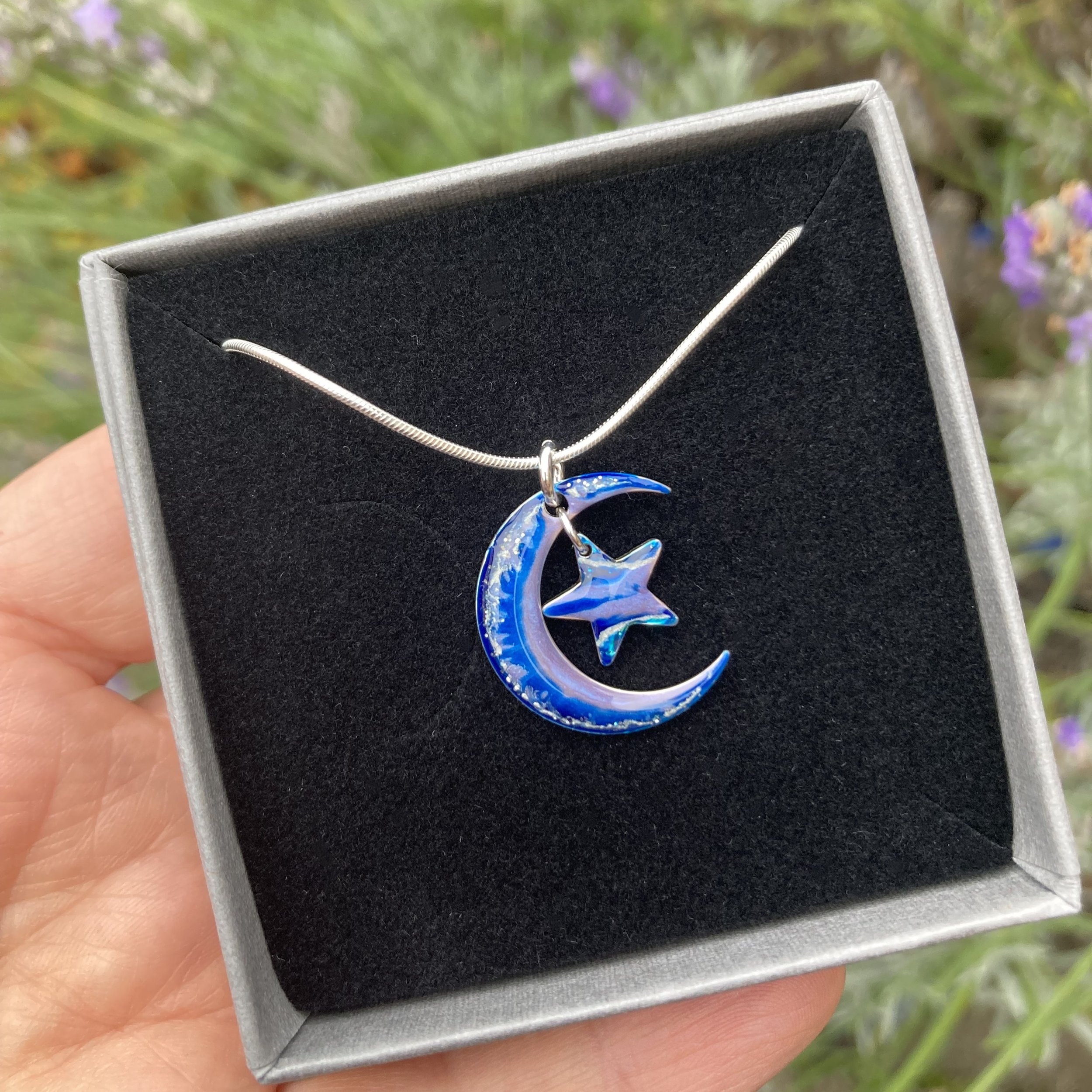 Blue Moon & Star Pendant - hand painted - Flow Creativity Scottish Jewellery.jpg