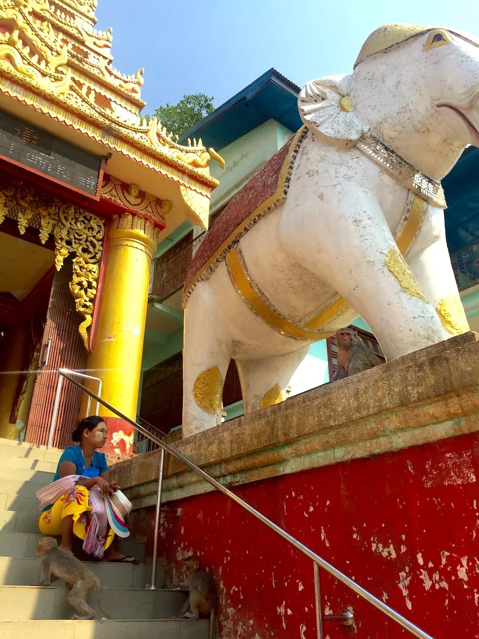 A local girl and a monkeys at the monastery entrance. Photo: Patti Neves
