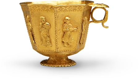Taça de ouro maciço, decorada com músicos do Oriente Médio. ACM
