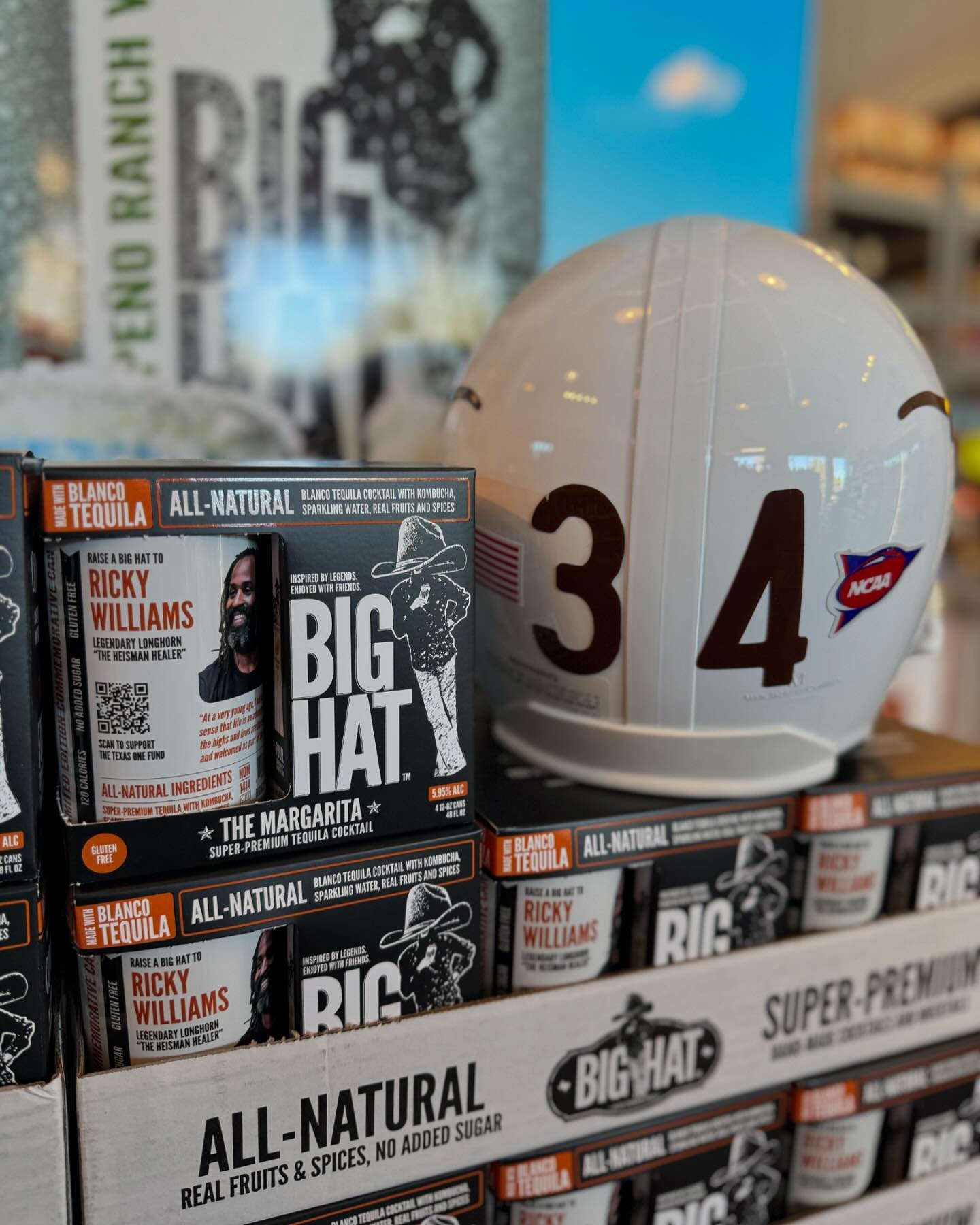 @bighatspirits featuring our own @williams on the Margarita can. Available at 34 Wine and Spirits. Hook&rsquo;em 🤘🏈