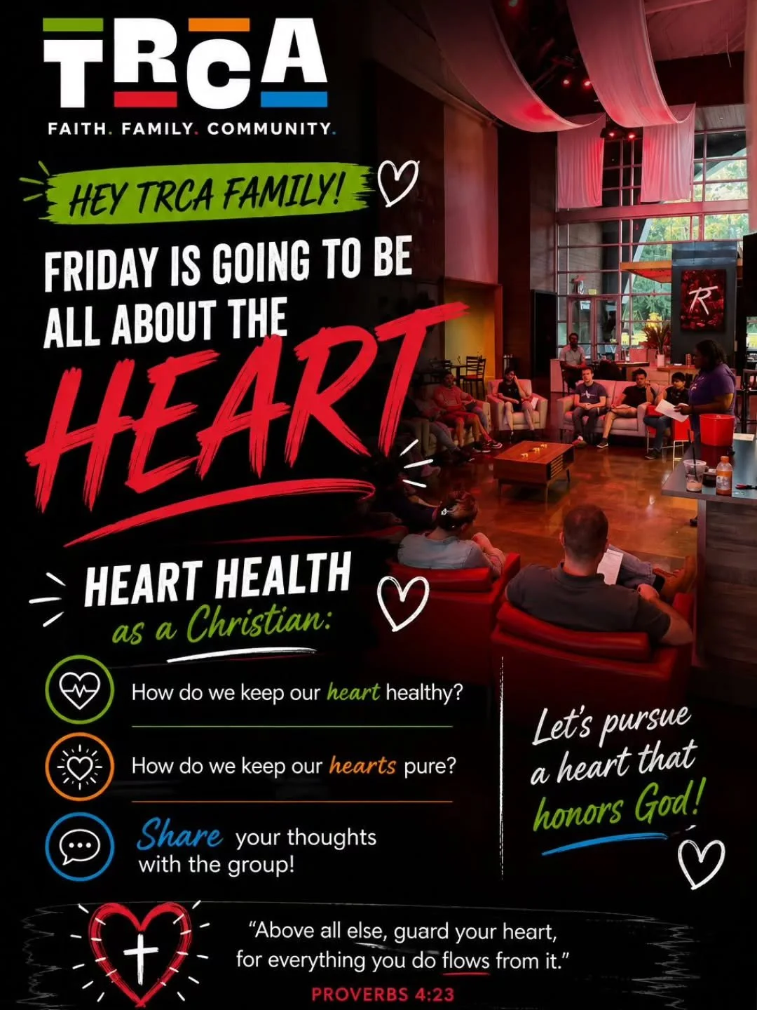 ❤️ This Friday at TRCA we&rsquo;re talking about the HEART.
Not just physically&hellip; but spiritually too.

How do we keep our hearts healthy as Christians?
How do we guard purity in a world full of distractions?

Come share your thoughts, encourag