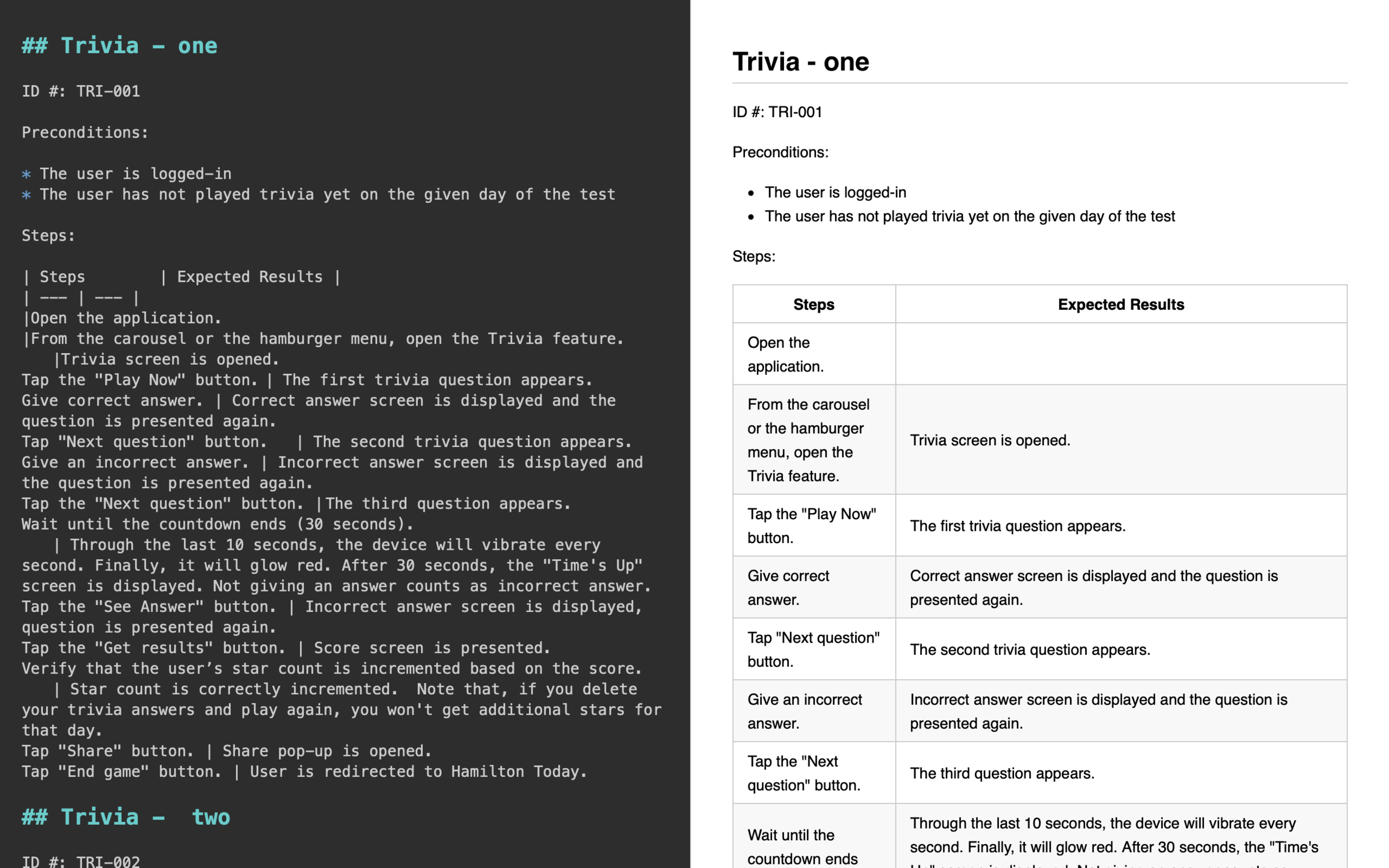 The MacDown editor shows the processed version of the file on the right as the user types the information on the left.