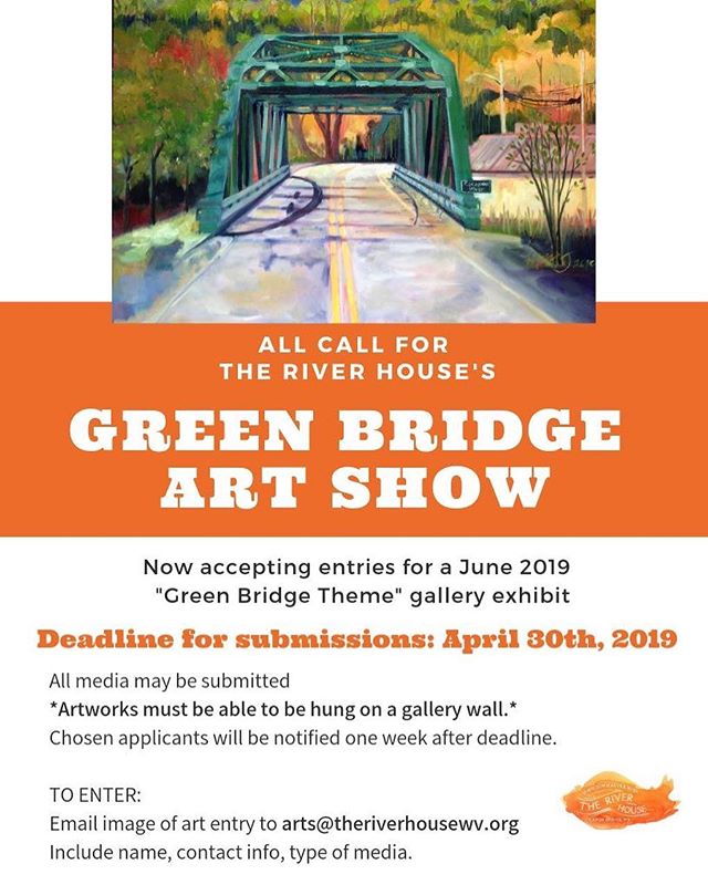 Have a work of art about our town&rsquo;s beloved bridge or interested in creating one? Be a part of June's &quot;Green Bridge&quot; themed gallery exhibit at The River House.
.
ENTER an image of your work by emailing: arts@theriverhousewv.org
.
A wi