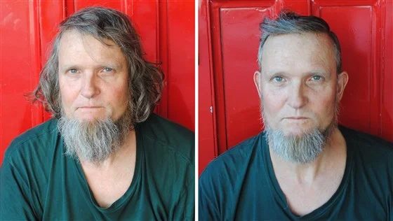 Neil Thomas before Mark Bustos cut his hair and after