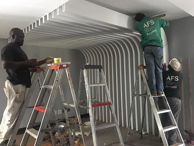 Rma Capital Junction Pretoria, reception area slat wall installation in progress @architectkoen #slatwall #shopfitting #interiordesign #architecture #customjoinery