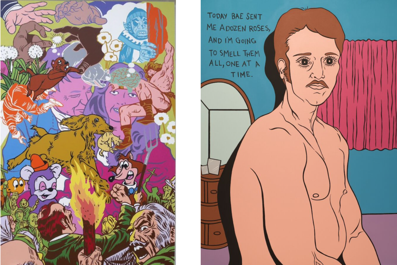 Left: MAURICE TREVINO. Road to Nowhere . Oil & acrylic on canvas. 71 x 47 inches. Right: LIZ TREVINO. You Shouldn't Have . Oil & acrylic on canvas. 48 x 36 inches.