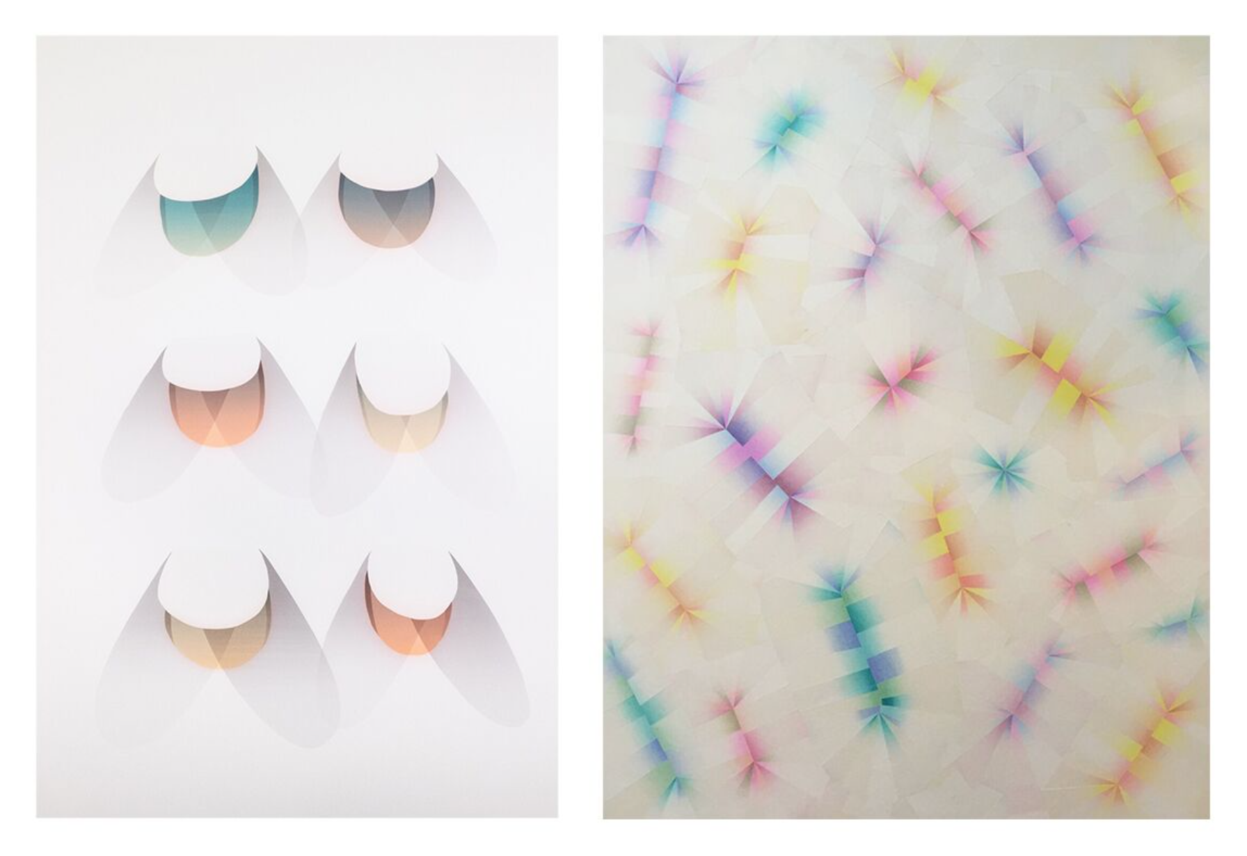 LEFT: JEFFREY DELL. Earthlight , 2018. Screenprint, Edition of 5. 34 x 23 inches. RIGHT: TAKUJI HAMANAKA. Untitled, 2018. Woodcut, collage, Unique. 21.75 x 17 inches.