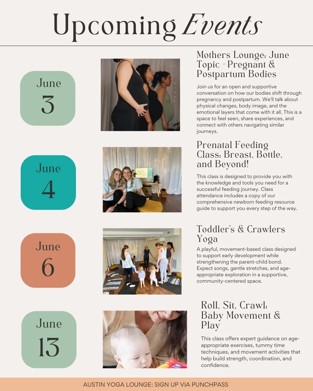 Coming up at AYL:
June 3 – Mothers Lounge: Pregnant & Postpartum Bodies
An open conversation about how our bodies shift in pregnancy and postpartum—physically and emotionally. A space to feel seen and supported.
June 4 – Prena