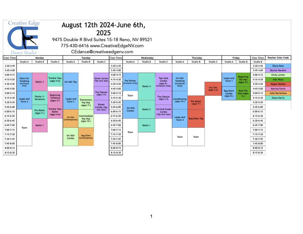 Class Schedule — Creative Edge Dance Studio