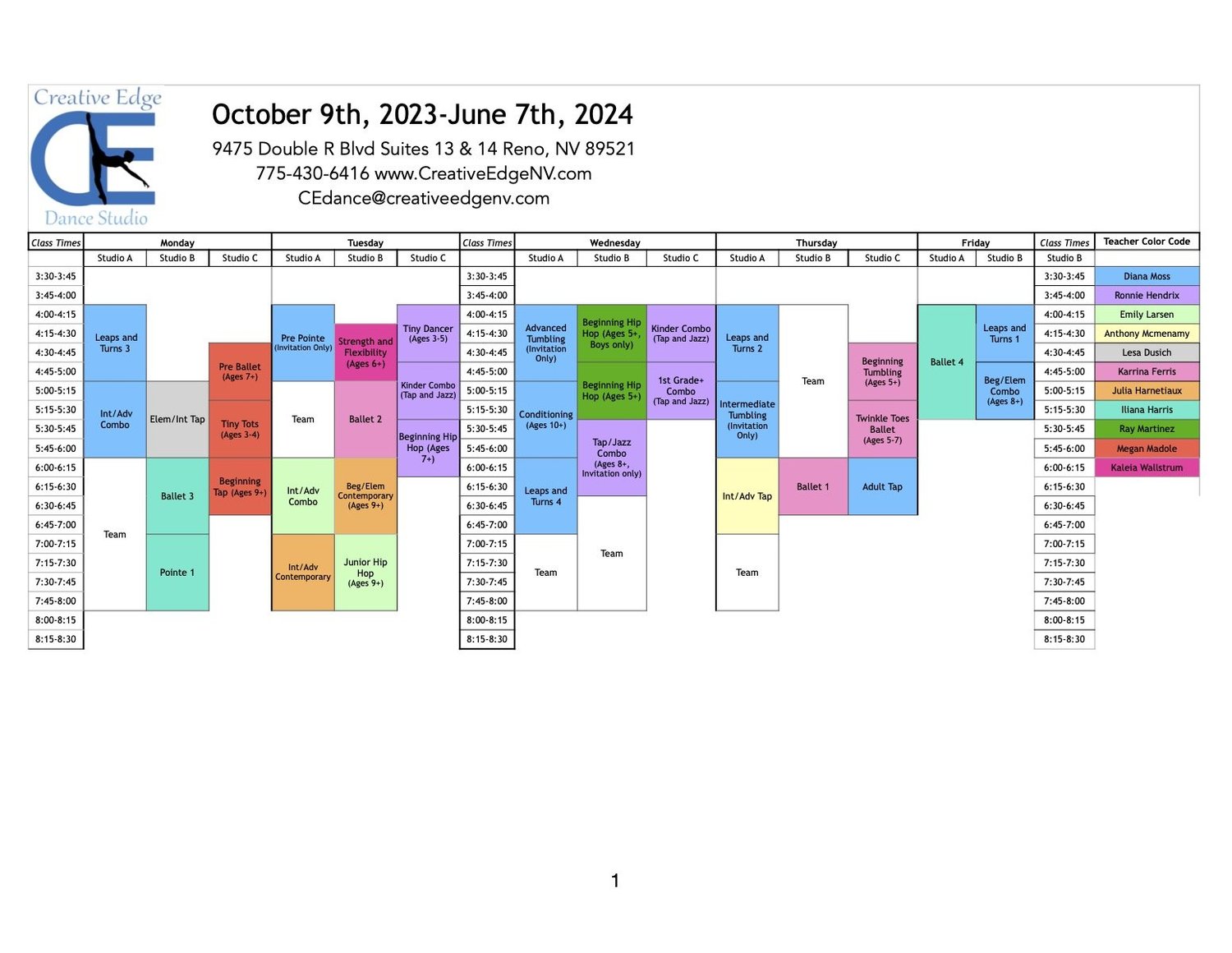 Class Schedule — Creative Edge Dance Studio