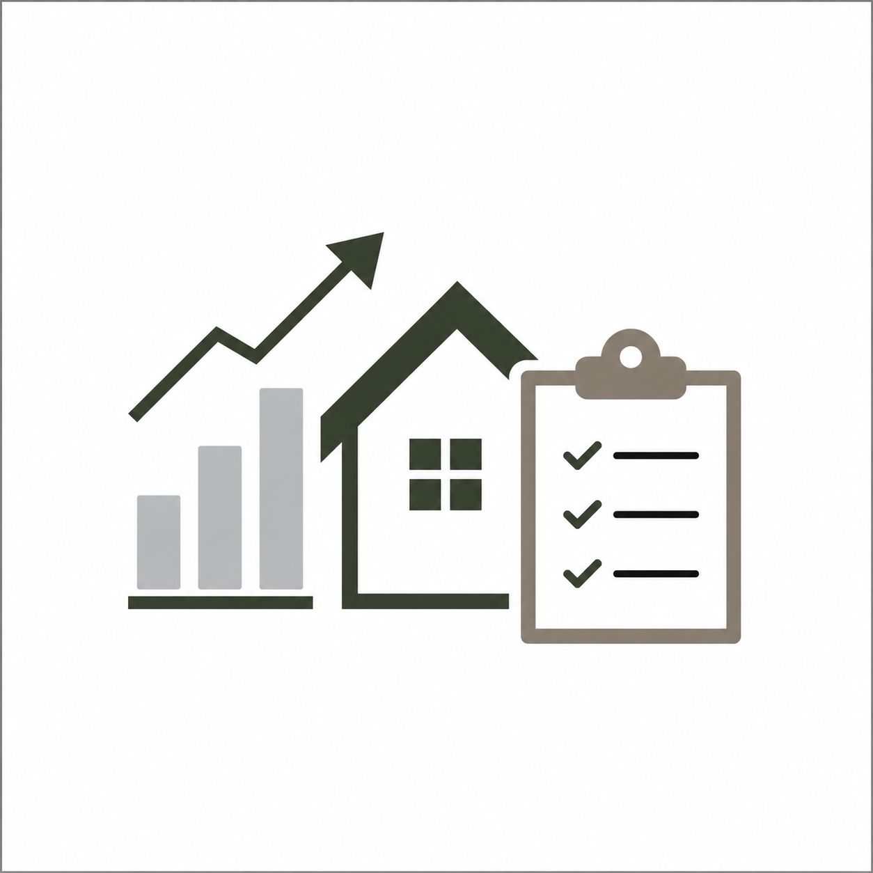Graph with upward trend, house, and clipboard with checklist