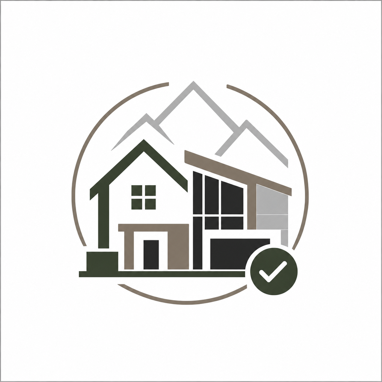 A stylized graphic of a house with a mountain backdrop, enclosed in a circle with a checkmark in the bottom right corner.