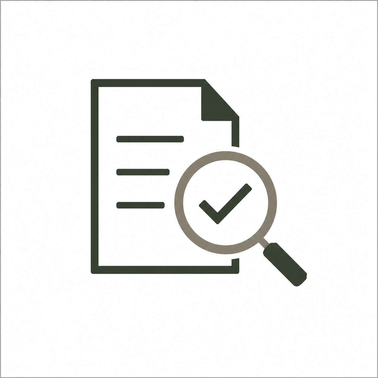 Document icon with magnifying glass and checkmark symbol, representing document review or verification.