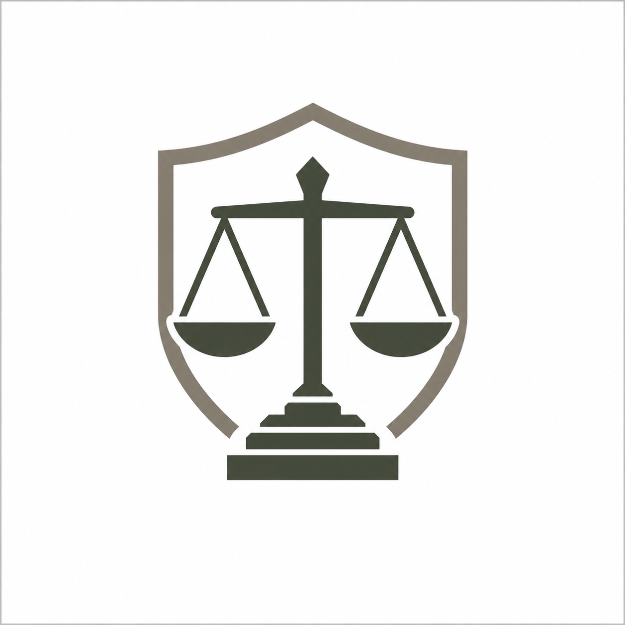 A legal scale inside a shield outline representing justice and law.