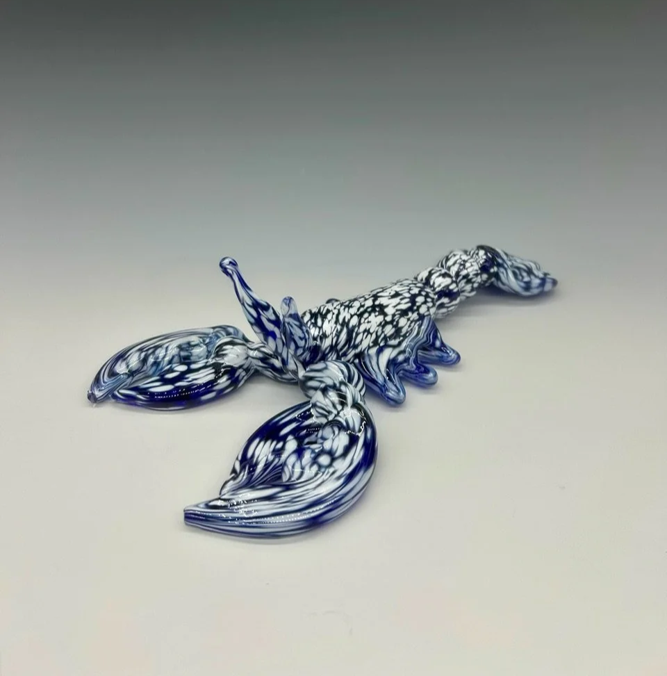 Hand-Blown Glass Lobster in Blue & White Frit Mix