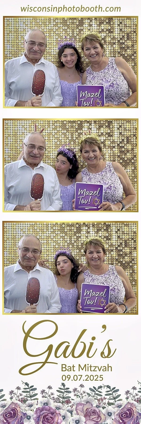 Family posing with money and "Mazel Tov" prop at bat mitzvah photo booth in Milwaukee