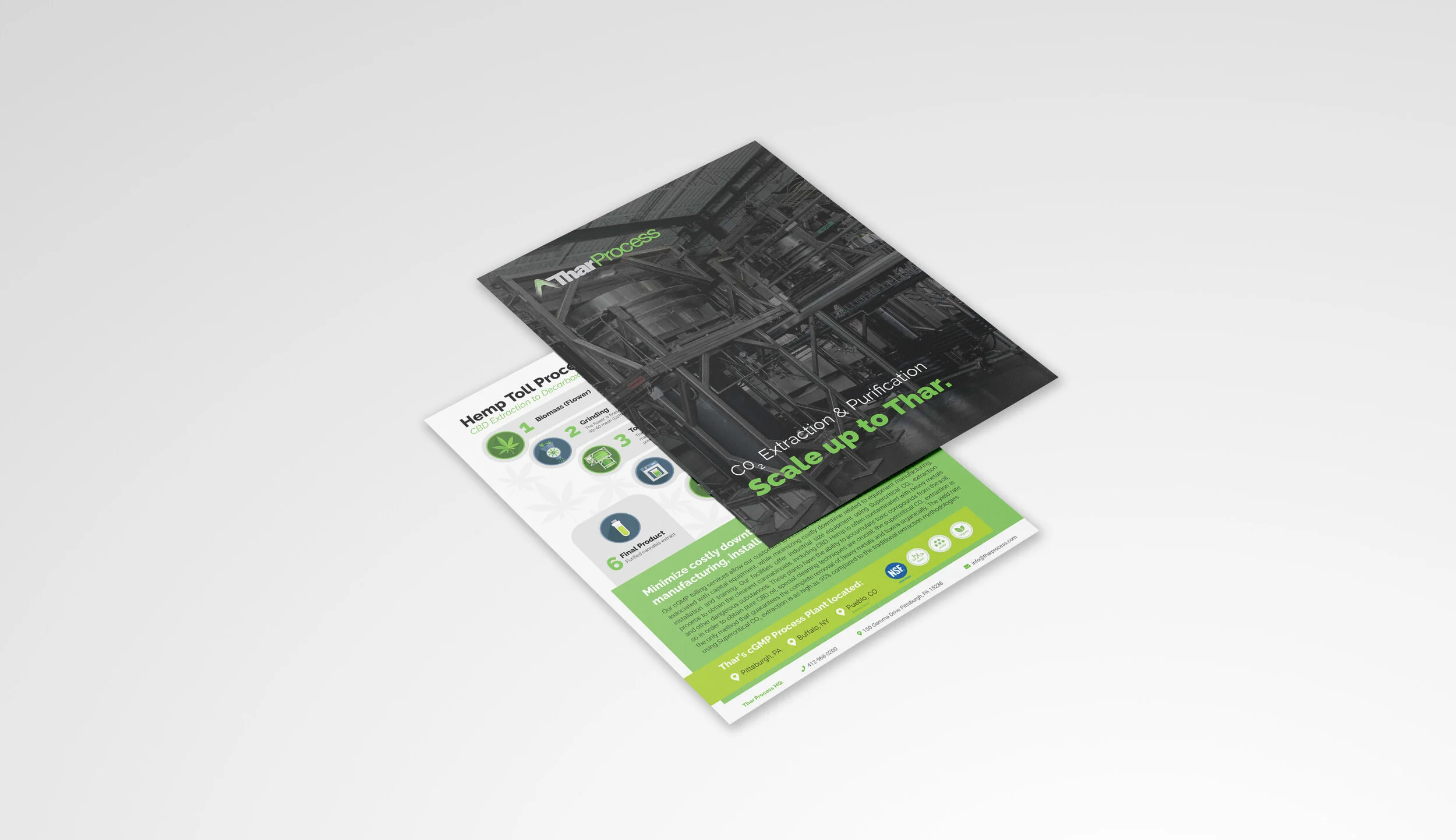  I worked with Thar Process to create this marketing material to distribute at tradeshows. The goal was to visually communicate their extraction and purification processes as simply as possible as well as highlight their new offering - hemp toll proc