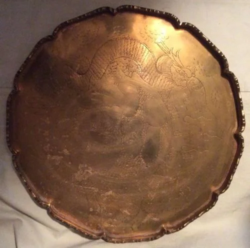 Asian Brass Tray Engraved Dragon Motif 11.5"