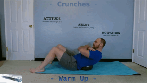 for beginners workout pilates ball Crunches exercise with small exercise ball behind back.gif