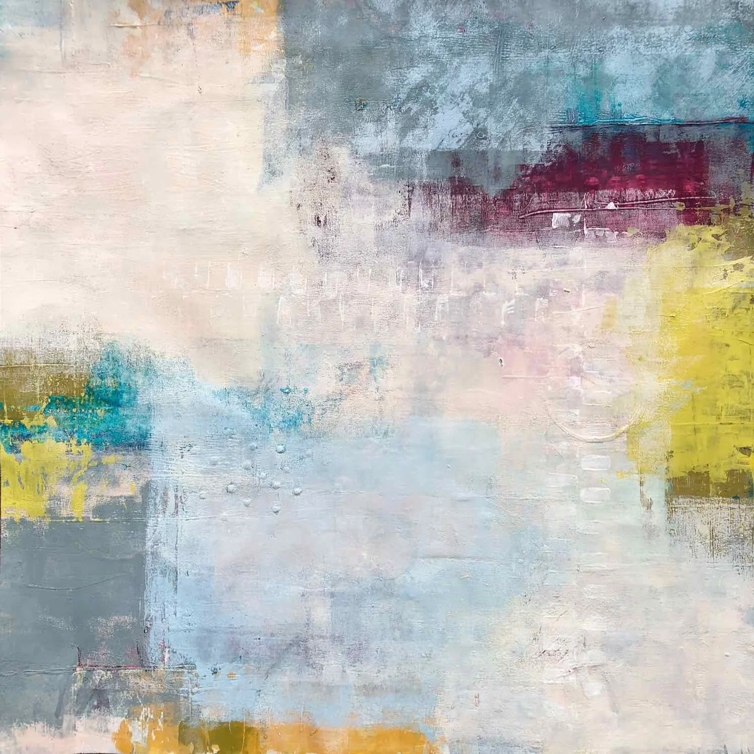subtle and quiet abstract painting with grey, light blue and wine colors