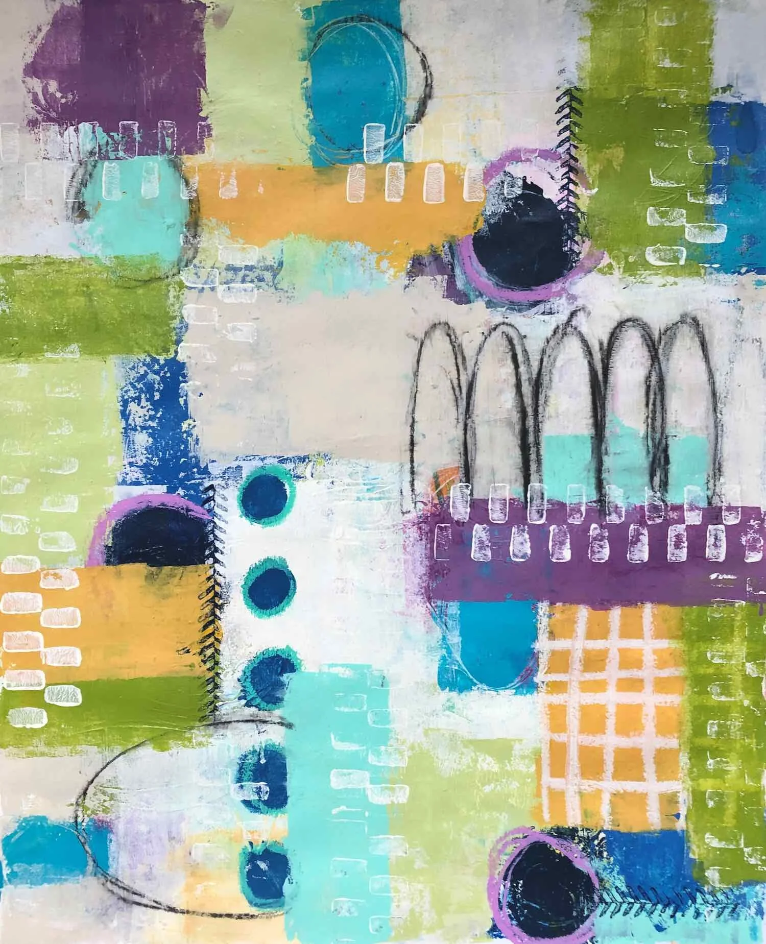 painting with geometric shapes in blues, yellow and plum