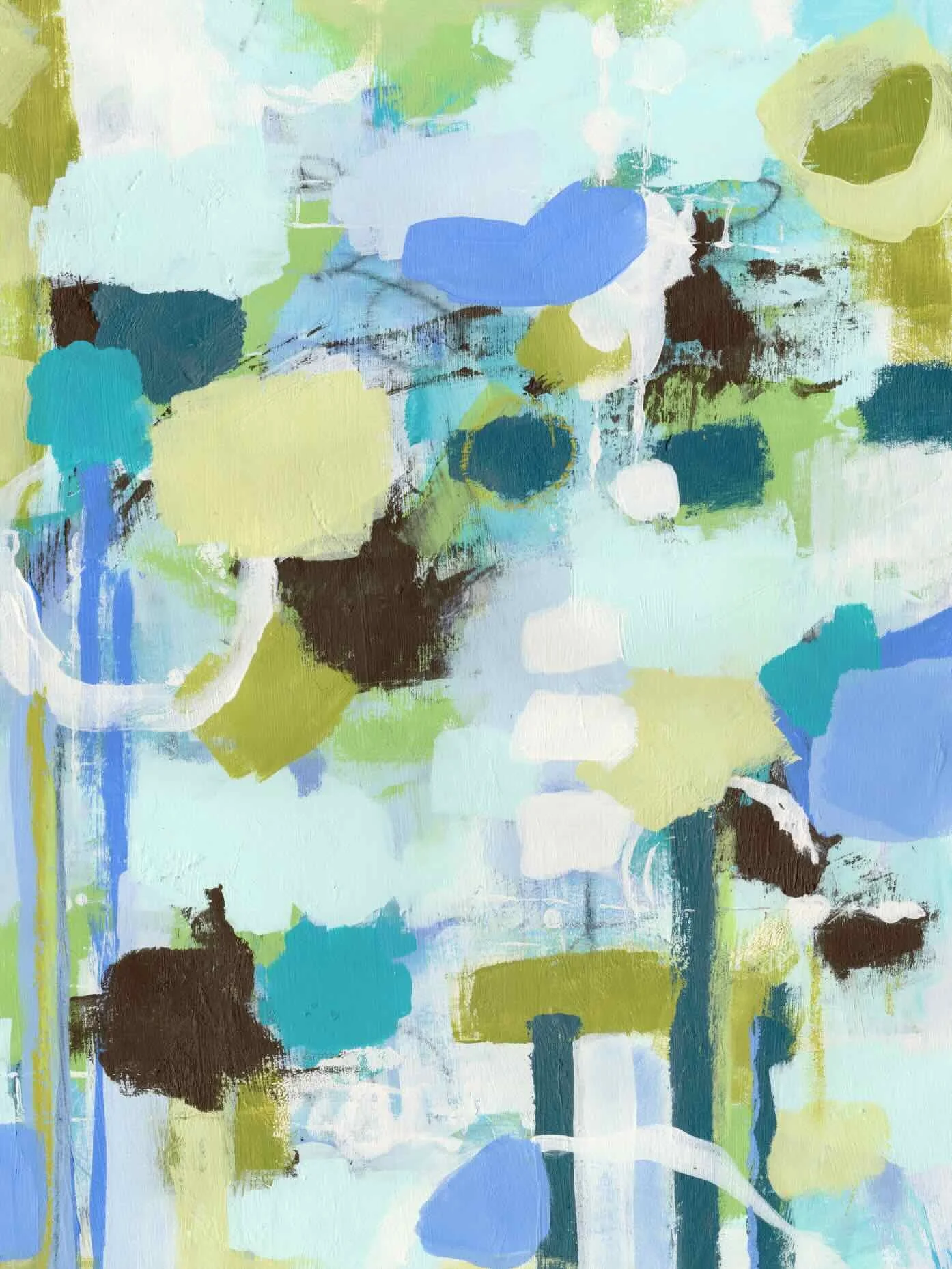 Colorful abstract painting in blue and green tones with layered marks and soft shapes on paper