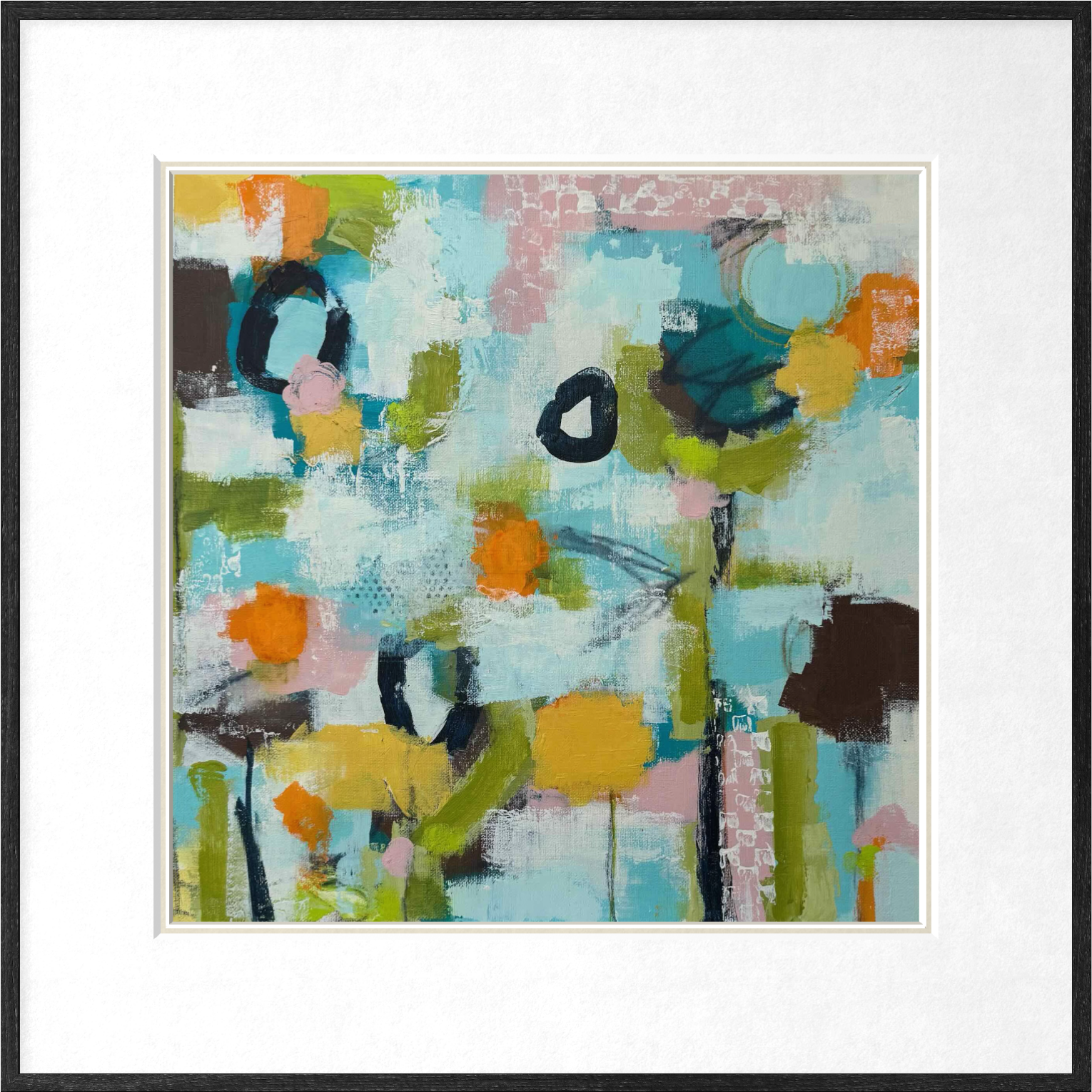 Bright abstract floral landscape painting in blue and green, shown in black frame with white mat
