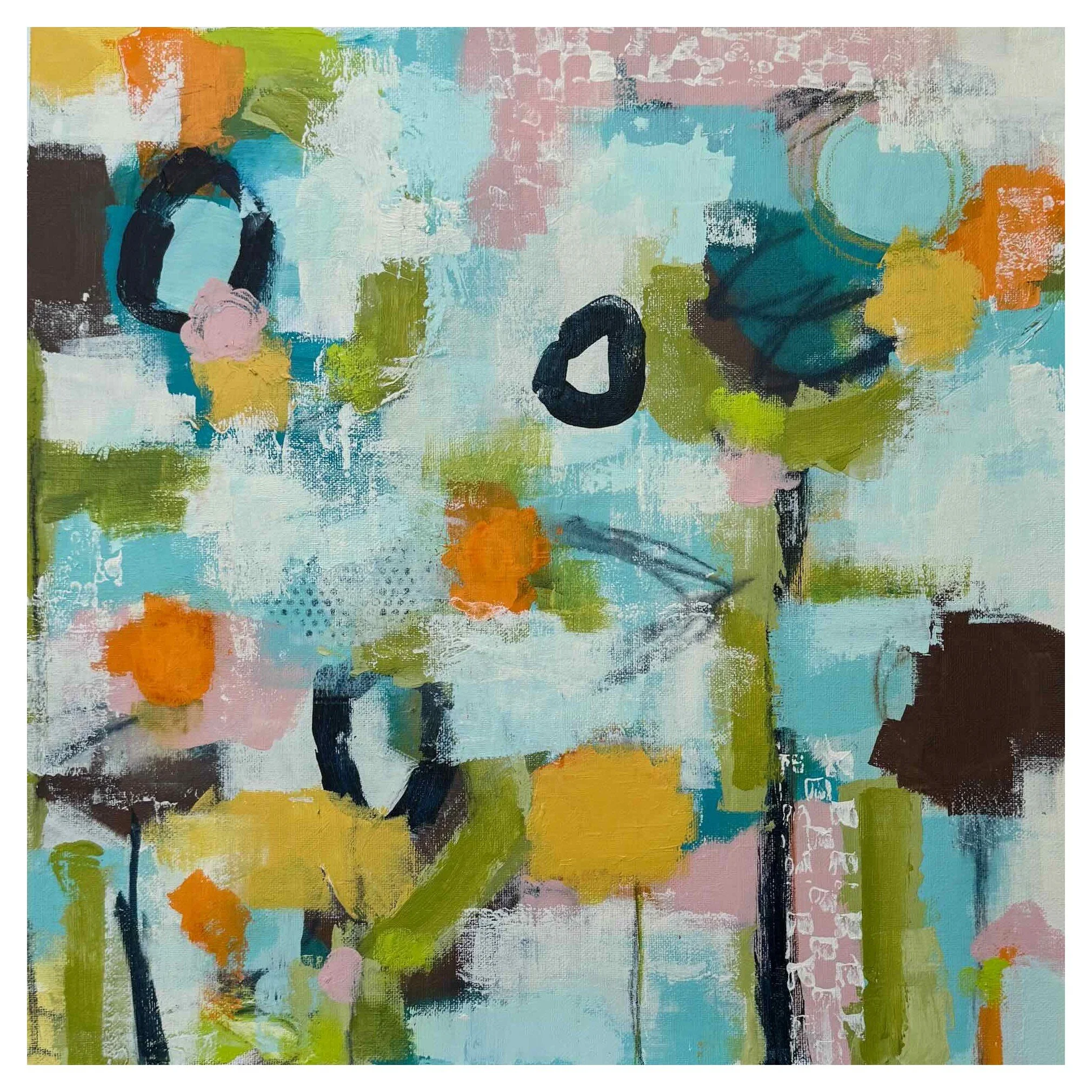 Bright abstract floral landscape painting in blue and green, acrylic on canvas, 16x16 inches