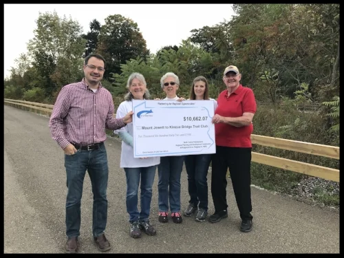 Tom Buck presents our trail club with a check from the NC Greenways Grant Fund for $10,662.07 to develop our trail.