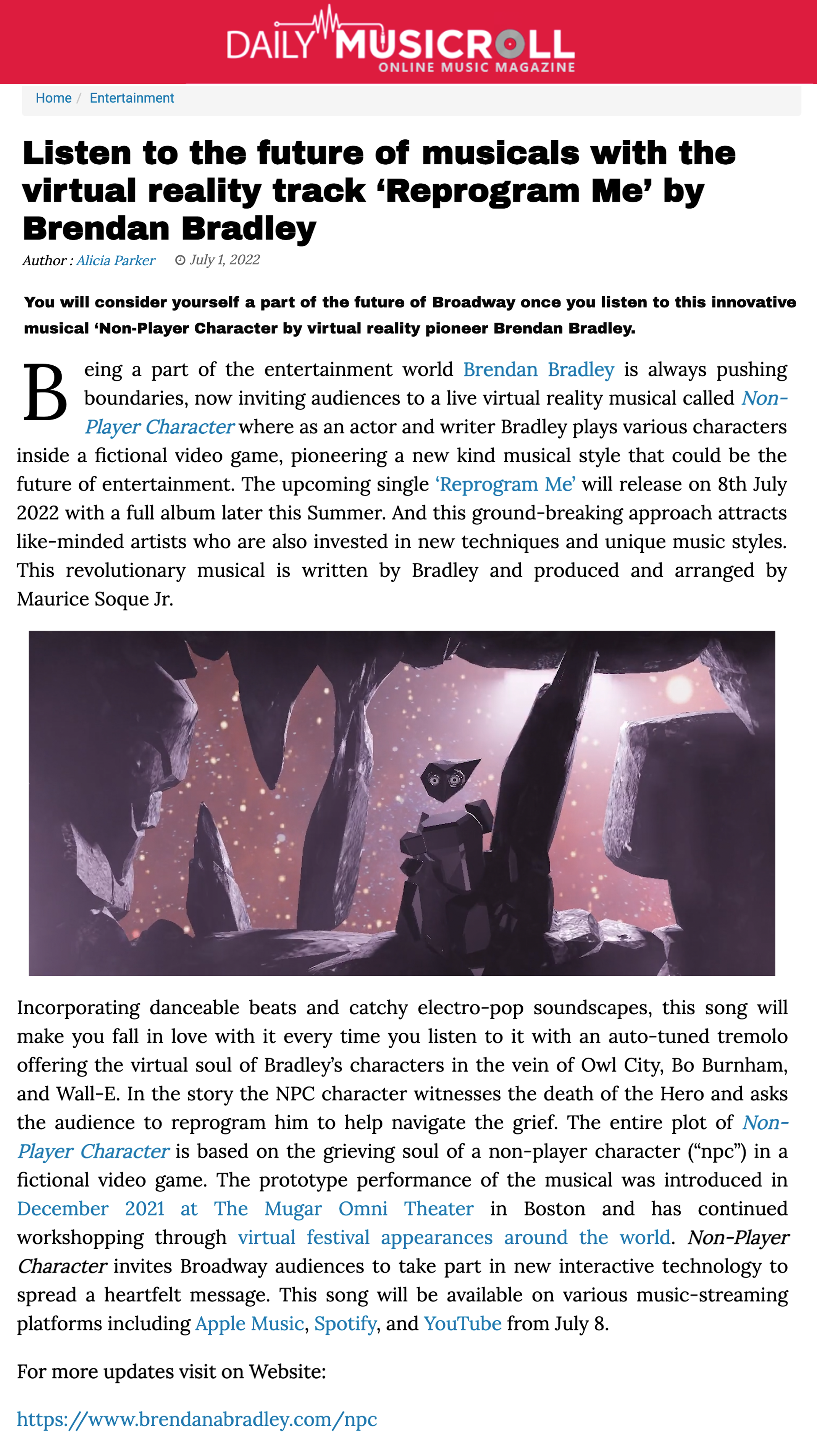 Brendan Bradley's Virtual Reality Musical Non-Player Character Debuts On Top  Soundtrack Chart With First Single 'Reprogram Me' Arriving At No. 25 On  ITunes - Muzique Magazine