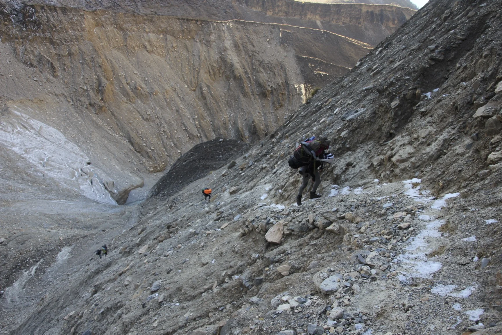 En route to the Japanese BC - we had to cross a short but steep glacier. Rock fall is the main issue here.