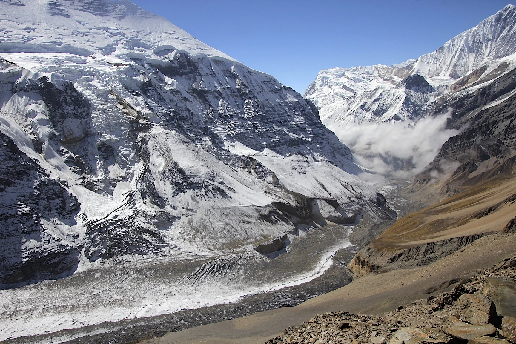 Dhaulagiri I and the Dhaulagiri Glacier seen from 5,800m above the basecamp. You can see to where we came from. The Japanese BC is visible at the bottom of the glacier (on the right). These valleys look straight on the map but in reality they twist and turn.