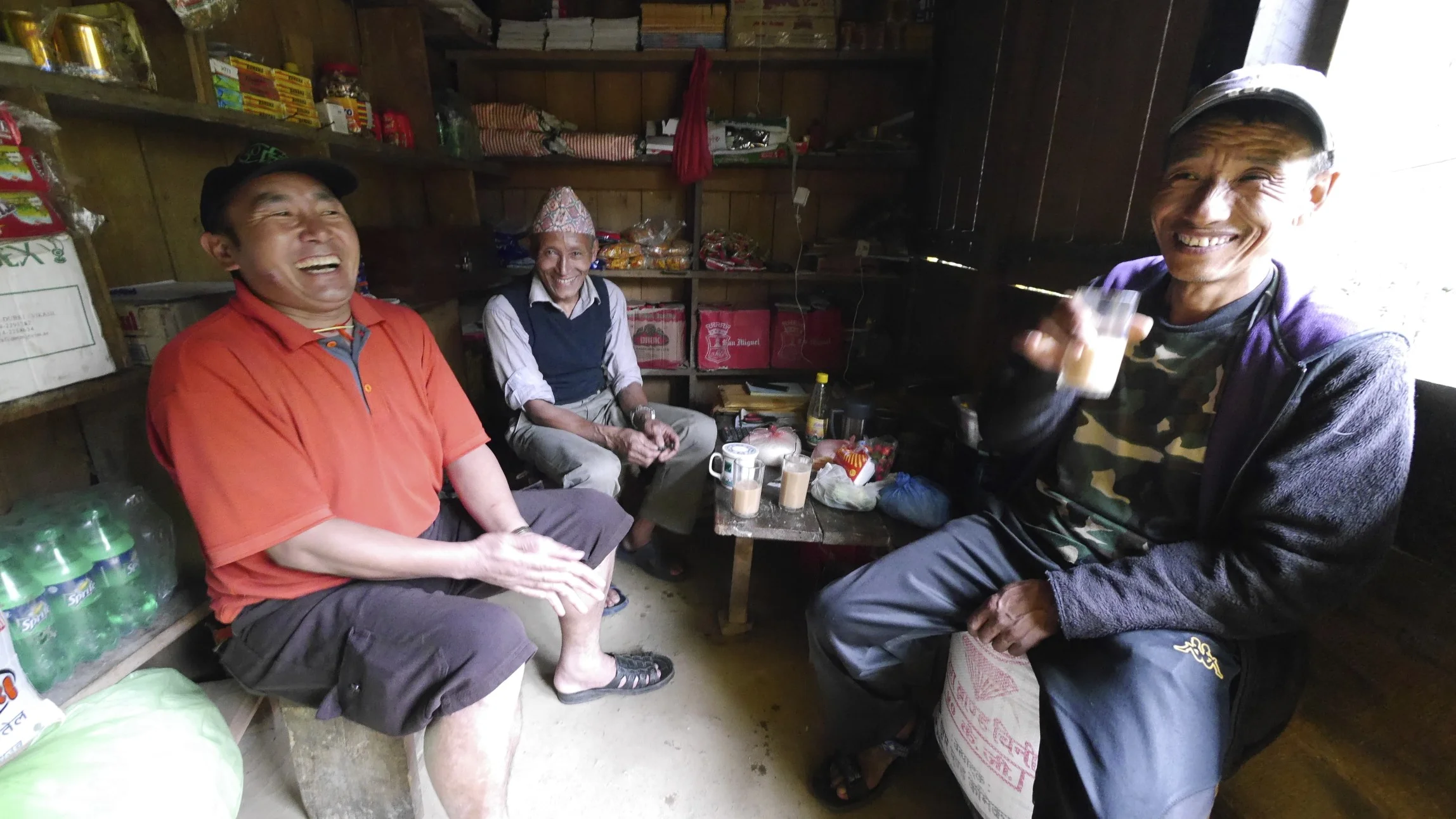Having a good time in the teahouse. Sangey, the tea house owner and Kam. There were only 3 of us on this trip.