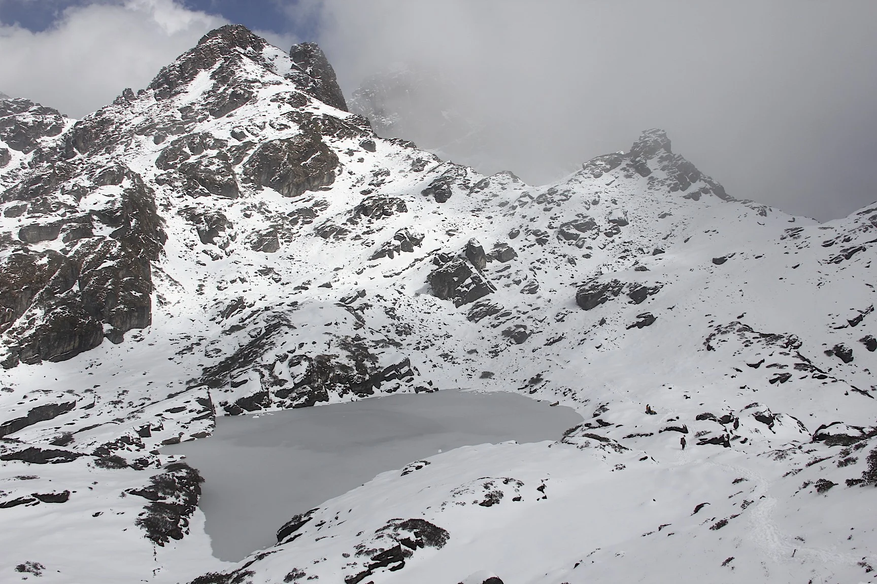 High pass (over 4,000m) in very cold wind and snow just before the Barun River Valley