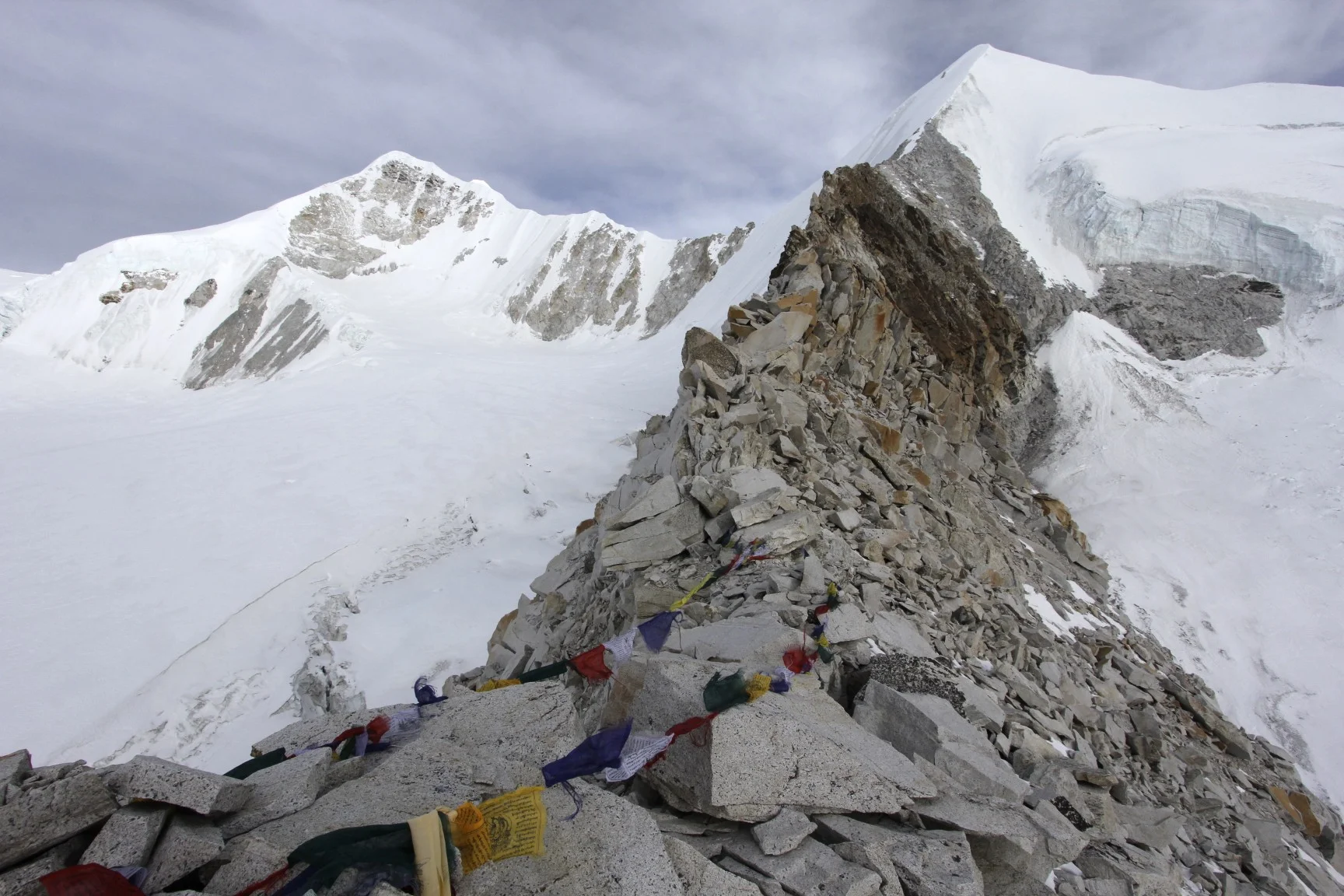 The narrow Sherpani Col and Baruntse.