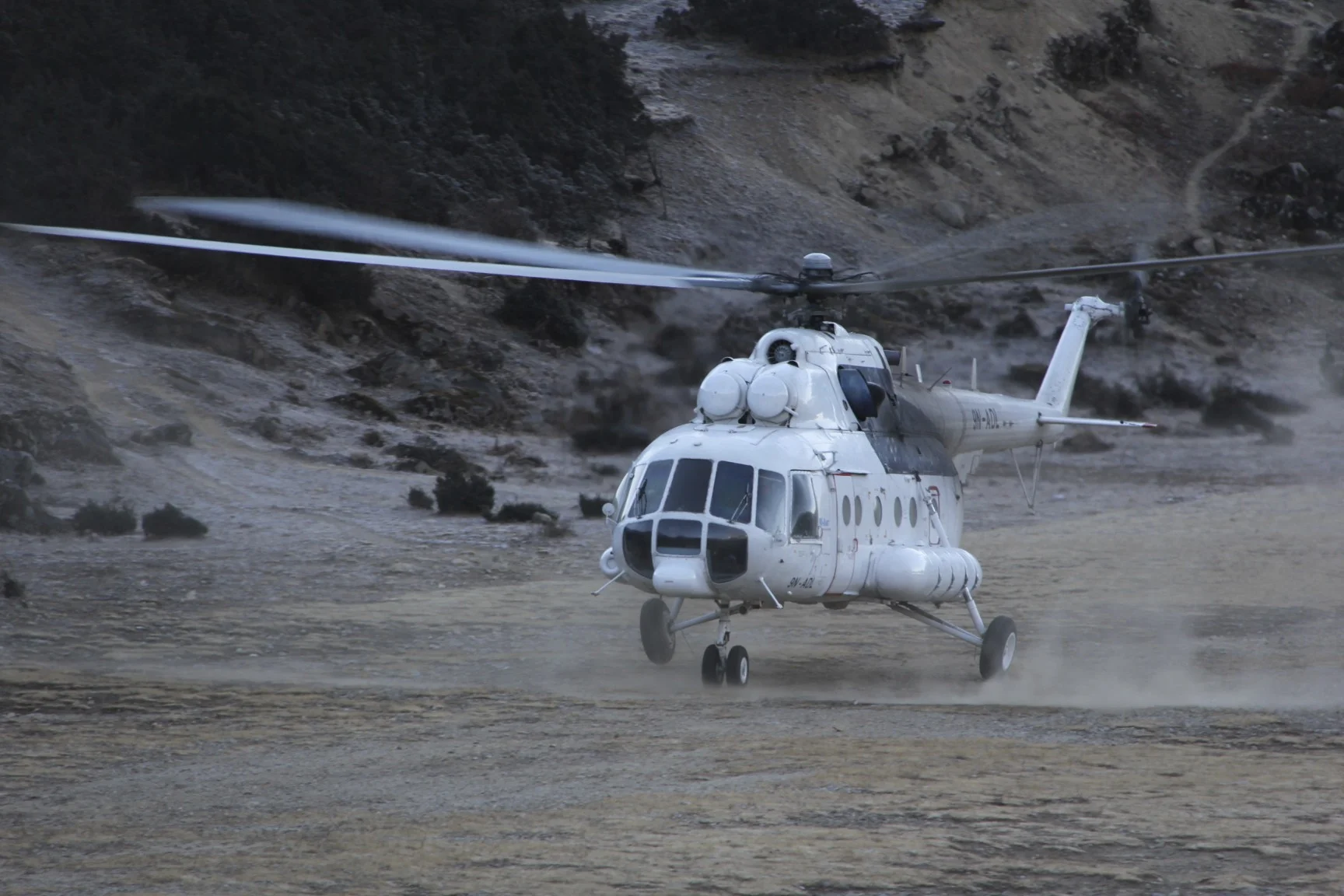 Quick way home! An old Soviet Mi 8 cargo helicopter. The pilots make extra cash by taking people to the road head from the Khumbu.